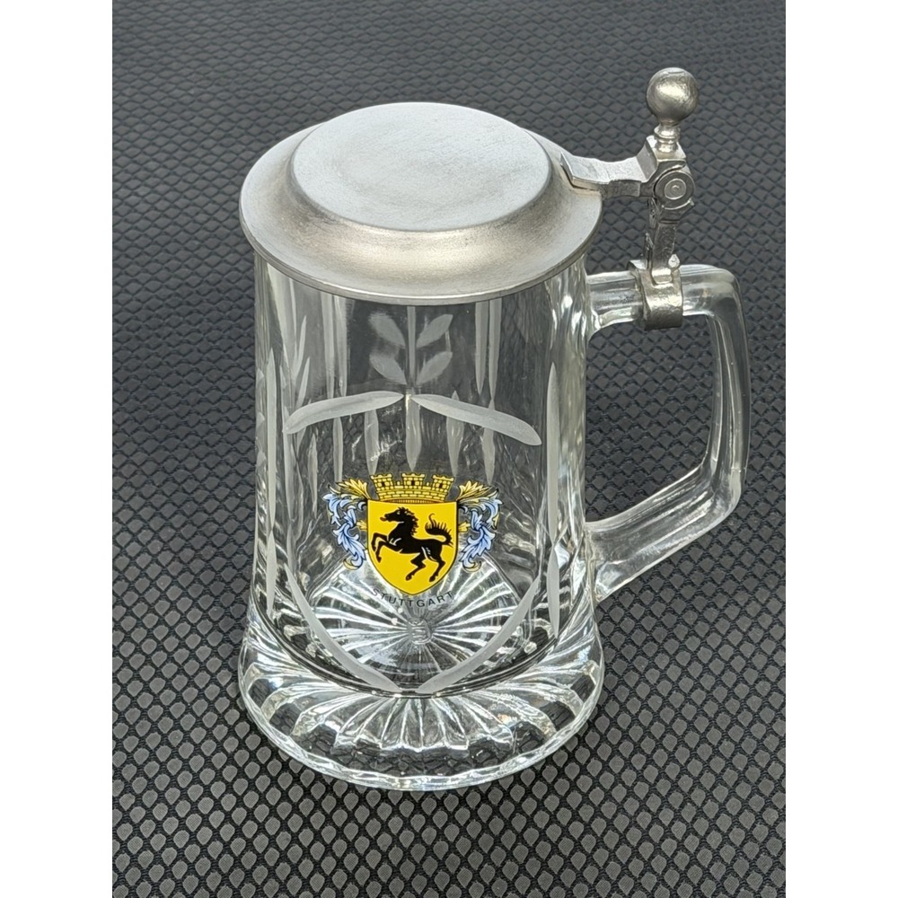 Vintage Glass Beer Stein Stuttgart Germany Coat of Arms Farrari Style